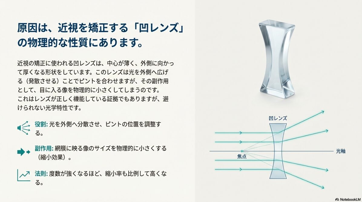 眼鏡 ものが小さく見える 凹レンズが光を外側へ広げる(発散させる)ことでピントを合わせる際、副作用として網膜に映る像のサイズを物理的に小さくしてしまう光学的な図解。