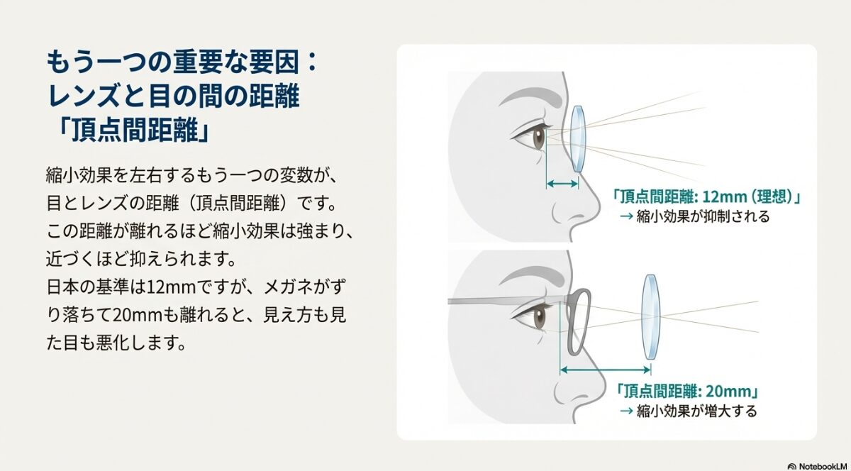 眼鏡 ものが小さく見える レンズが目から理想の12mmにある場合と、ずり落ちて20mm離れた場合の見え方を比較し、離れるほど縮小効果が増大することを示す解説図。