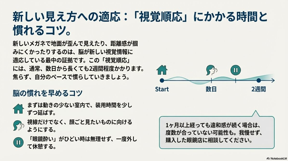 眼鏡 ものが小さく見える 新しい眼鏡を使い始めてから数日、2週間と時間が経過するにつれて、脳が新しい視覚情報に適応(視覚順応)していく様子を示すタイムライン。