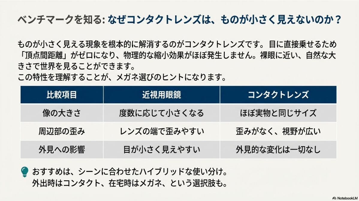 眼鏡 ものが小さく見える コンタクトレンズは頂点間距離がゼロのため像が小さく見えないという特性と、眼鏡とのメリット・デメリットを比較したまとめスライド。