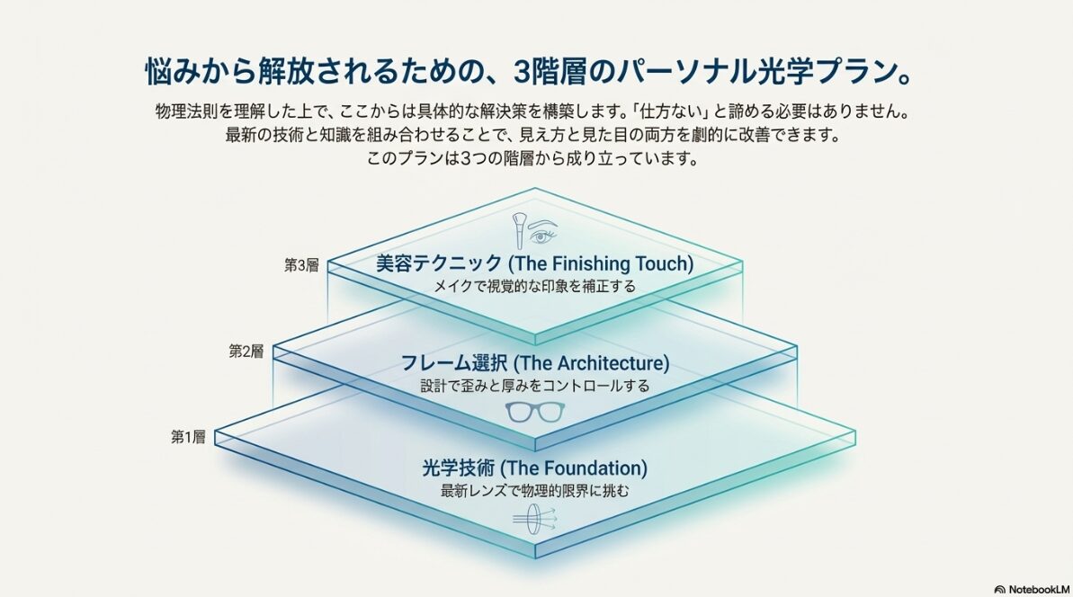 眼鏡 ものが小さく見える 光学技術(第1層)、フレーム選択(第2層)、美容テクニック(第3層)を組み合わせることで、見え方と見た目を改善する戦略的な解決策のイメージ図。