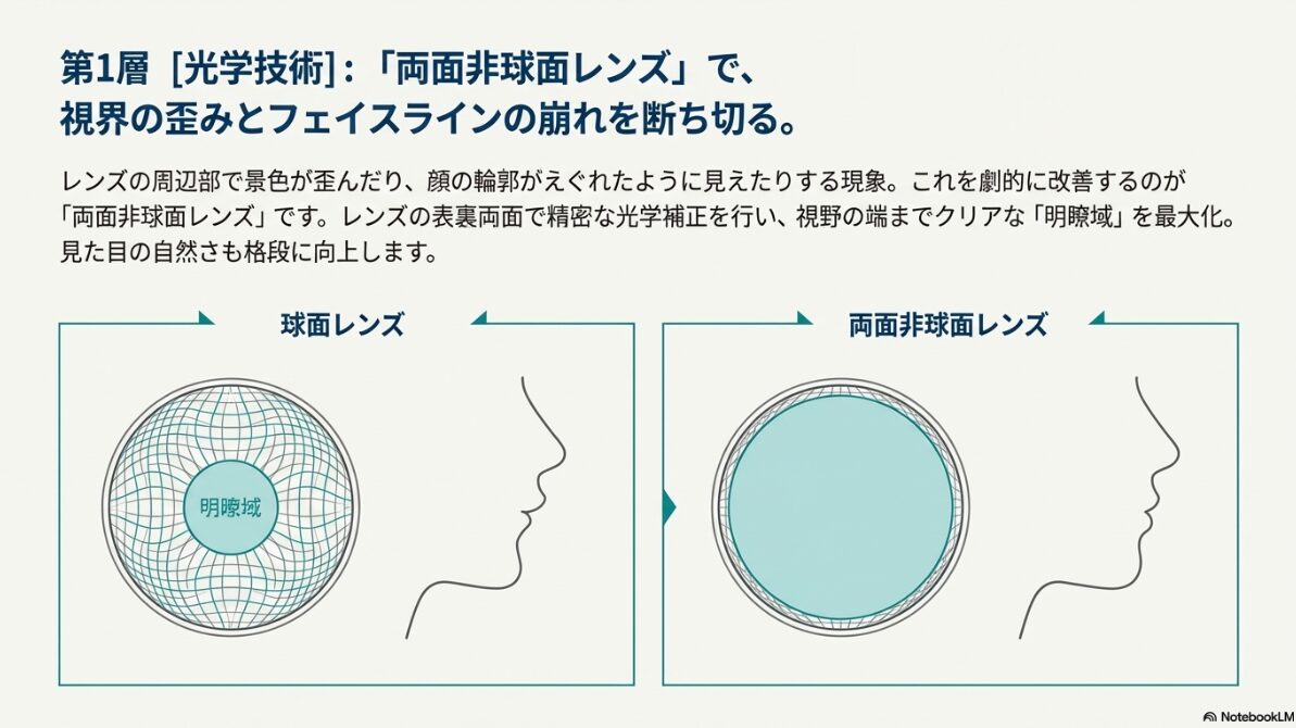 眼鏡 ものが小さく見える 球面レンズと両面非球面レンズの「明瞭域」の違いを比較。両面非球面は視野の端までクリアで、顔の輪郭の食い込みも抑えられることを示す図解。