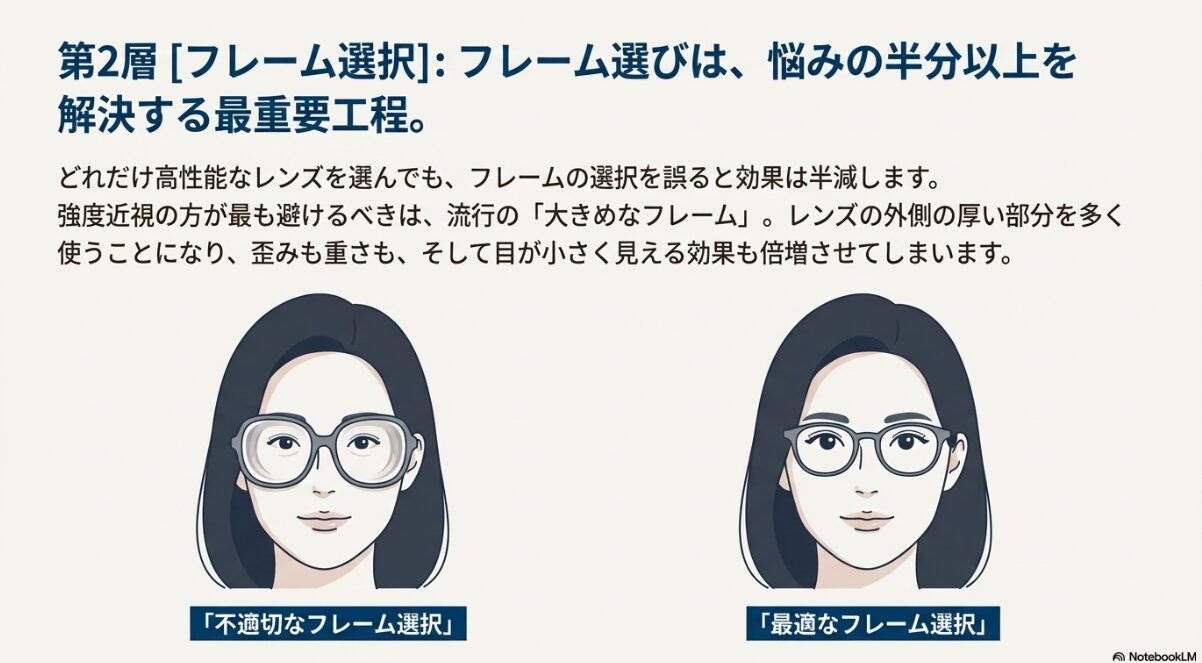 眼鏡 ものが小さく見える 大きすぎる不適切なフレームと、小ぶりで最適なフレームをかけた時の女性のイラスト比較。フレームの選択によってレンズの厚みや目が小さく見える現象が改善される様子。