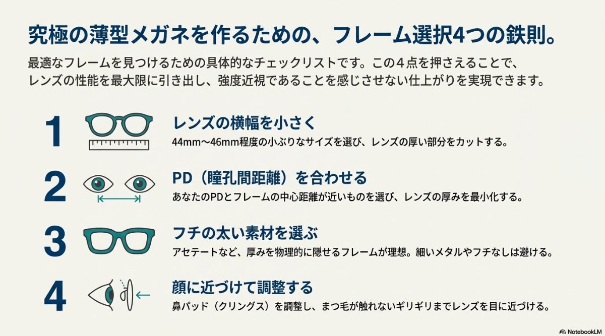 眼鏡 ものが小さく見える 1.横幅を小さく、2.PDを合わせる、3.フチの太い素材を選ぶ、4.顔に近づける、というレンズを薄く仕上げるための具体的チェックリスト。