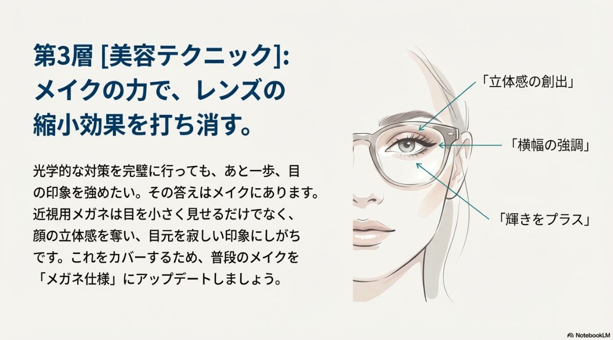 眼鏡 ものが小さく見える 眼鏡をかけた女性のイラストに、「立体感の創出」「横幅の強調」「輝きをプラス」というメイクの目的を示した解説図。