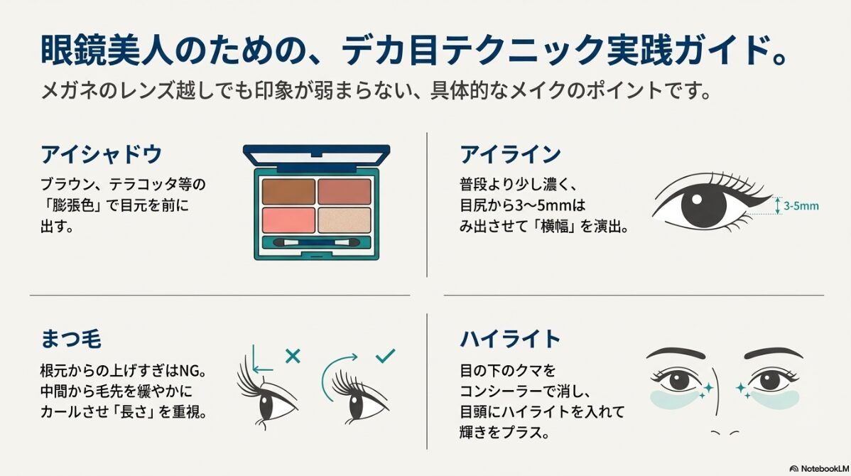 眼鏡 ものが小さく見える 膨張色のアイシャドウ、少しはみ出したアイライン、根元を上げすぎないまつ毛、目頭のハイライトなど、具体的なメイク方法をイラストで解説。