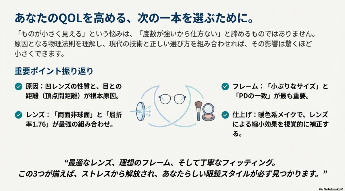 眼鏡 ものが小さく見える レンズ、眼鏡、メイク用品のイラストと共に、「原因の理解、最適なレンズとフレーム、丁寧なフィッティング」が重要であることを示すまとめのスライド。