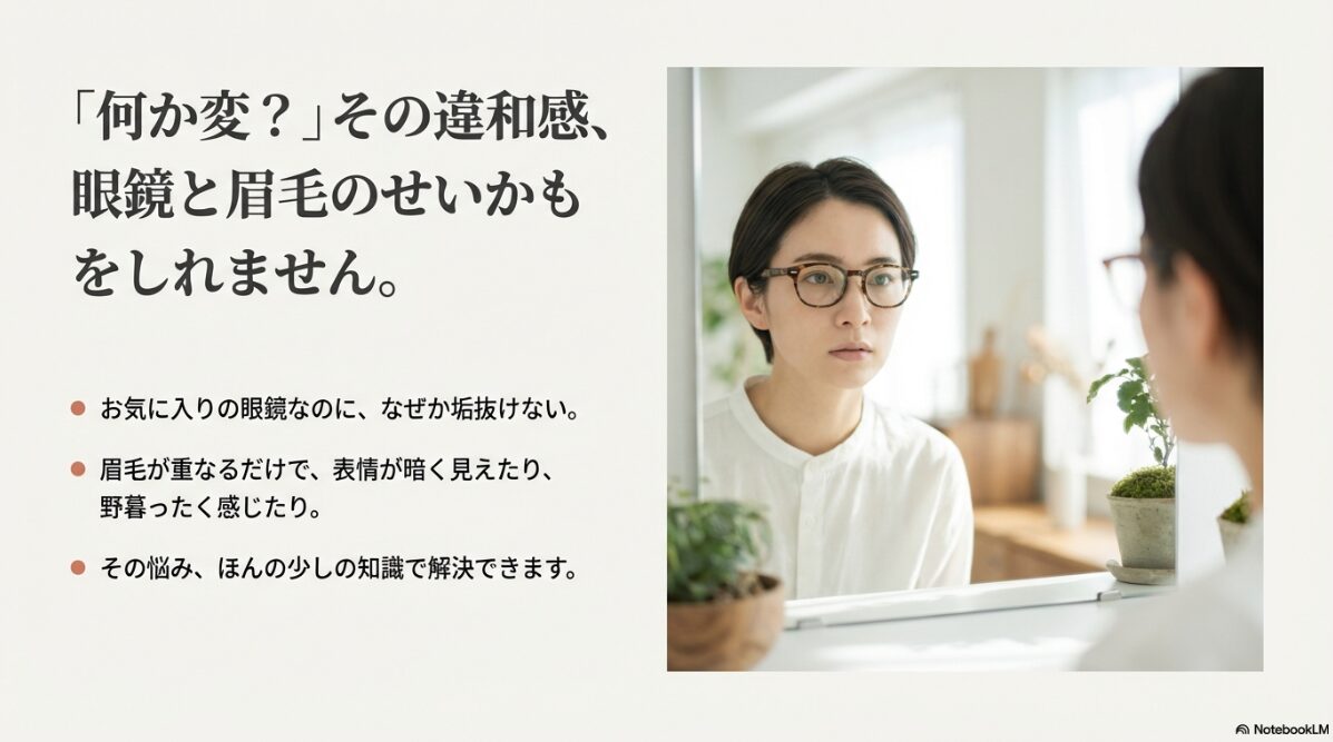 鏡の前で眼鏡のバランスをチェックする女性の画像と「何か変？その違和感、眼鏡と眉毛のせいかもしれません」というタイトル