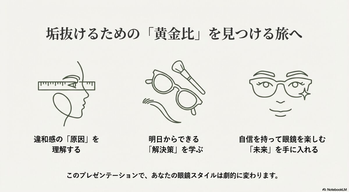 垢抜けるための黄金比を見つける旅として、原因の理解、解決策、未来の3ステップを紹介するスライド