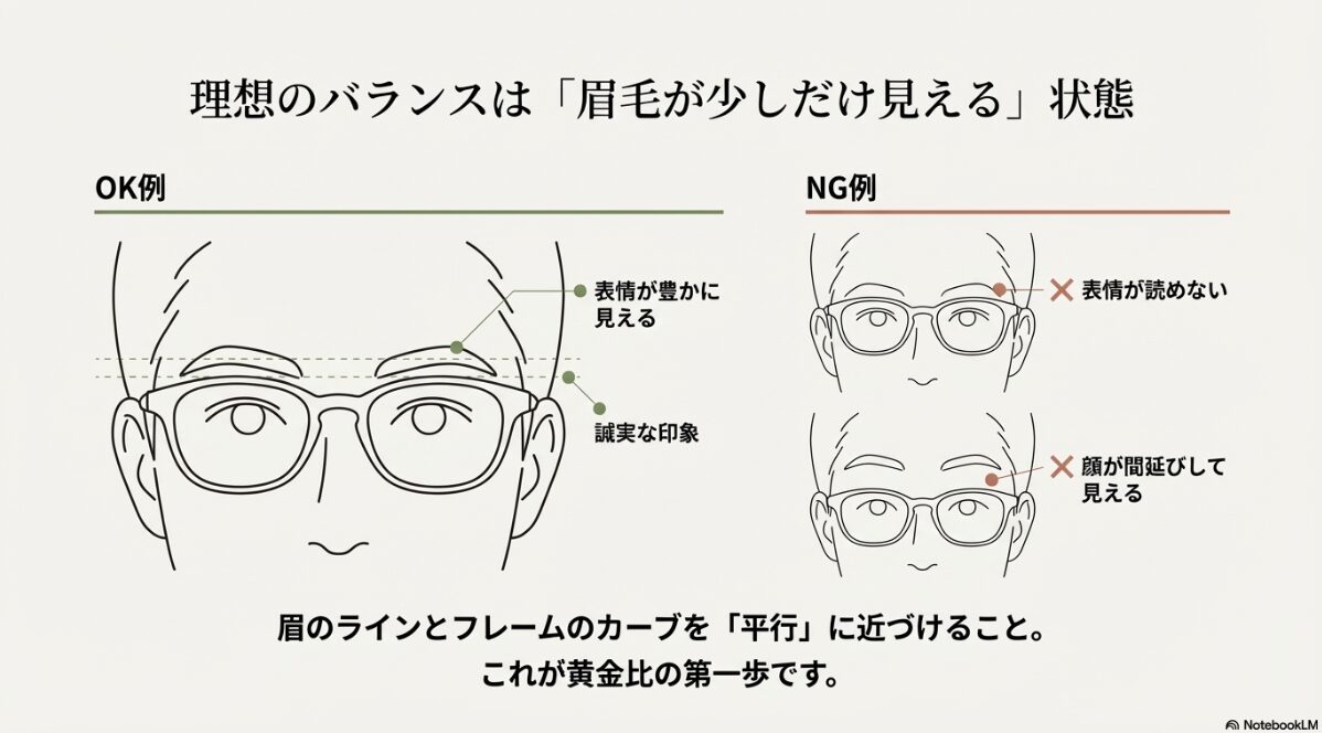 眉毛がフレームのトップラインから少しだけ見えるOK例と、隠れすぎているNG例の比較。表情の豊かさと誠実な印象を説明。
