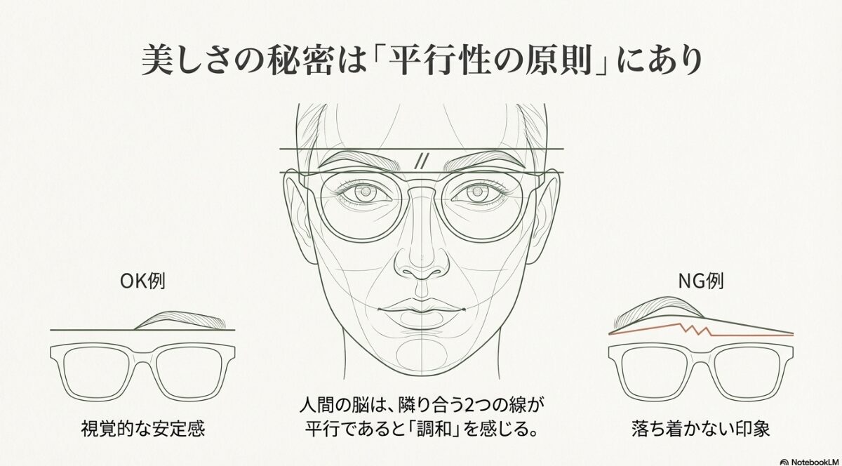 眉のラインとフレームのカーブが平行であることで調和と視覚的安定感が生まれることを示す図解。