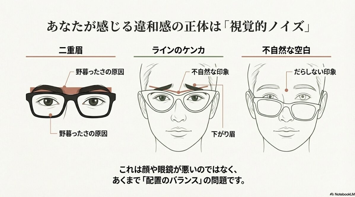 二重眉、ラインのケンカ、不自然な空白など、野暮ったさやだらしない印象を与える原因の図解。