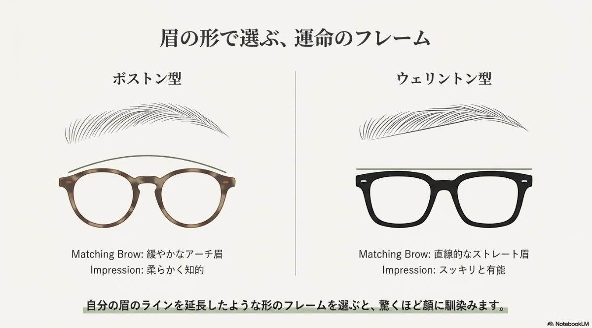 ボストン型にはアーチ眉、ウェリントン型にはストレート眉が合うことを解説したフレーム相性表。