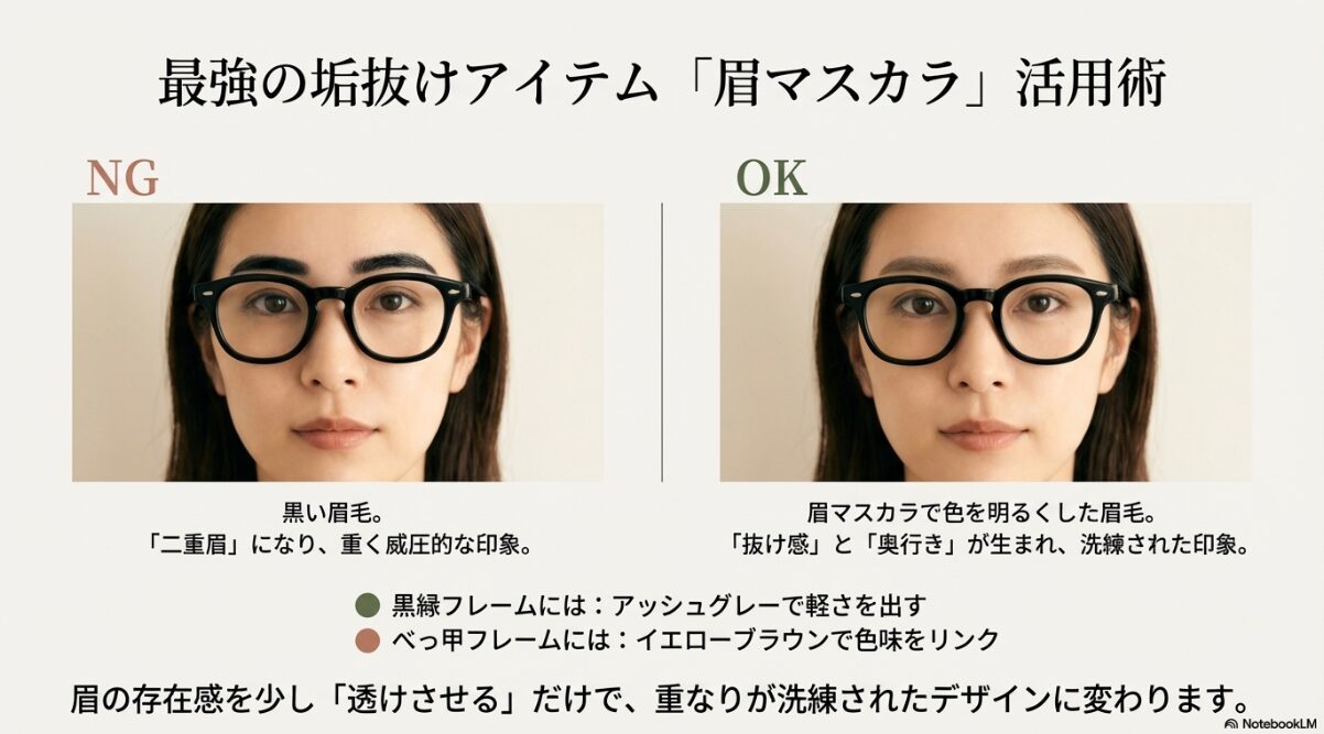 黒い眉毛（NG）と眉マスカラで明るくした眉毛（OK）の比較。フレーム色に合わせたカラー選びのヒント。