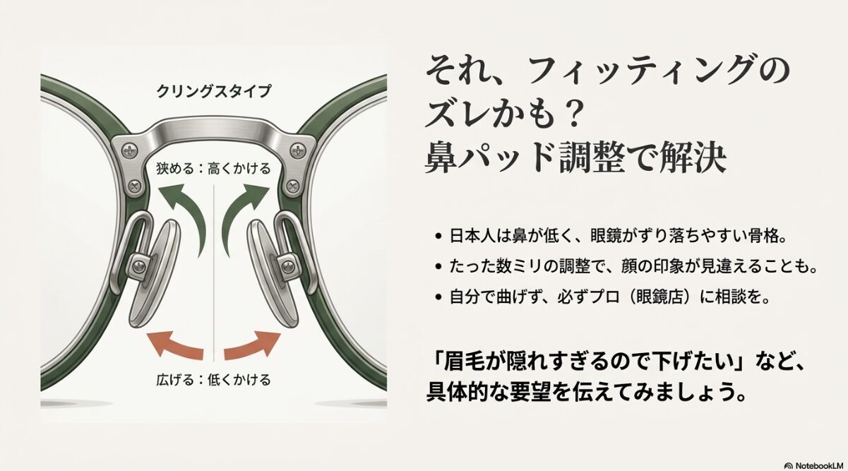 鼻パッドを狭めて高くかける、広げて低くかける調整方法と、プロに相談する際のポイント。