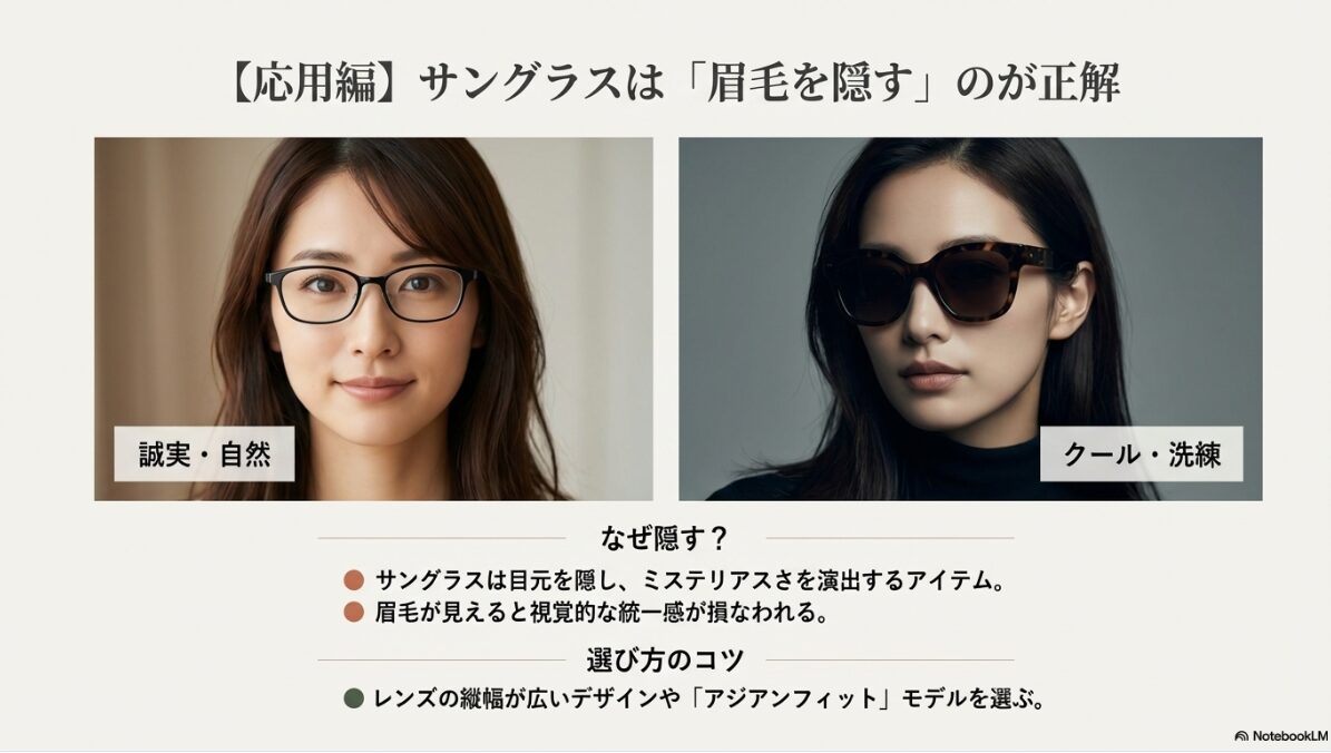 サングラスでは眉毛を隠すことでクールで洗練された印象になる理由と選び方のコツ。