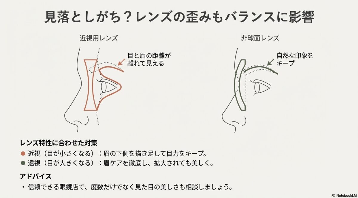 近視用レンズで目と眉の距離が離れて見える現象と、非球面レンズによる自然な印象のキープについての図解。