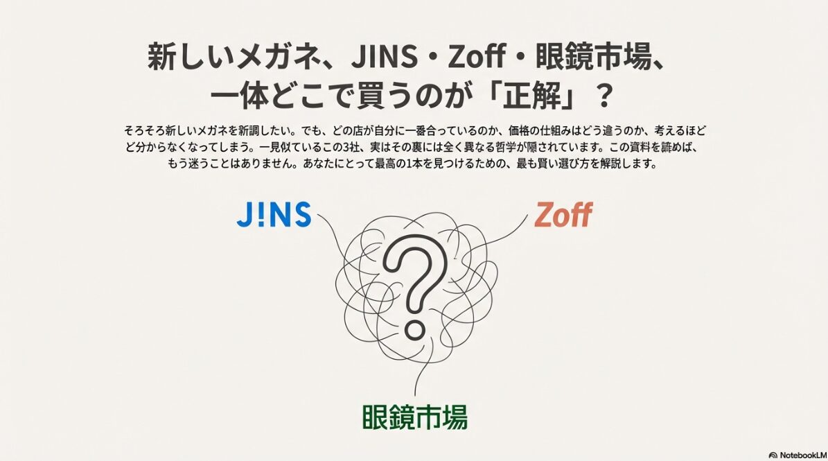 JINS、Zoff、眼鏡市場の3社比較で自分にぴったりのメガネ店を見つけるための解説スライド