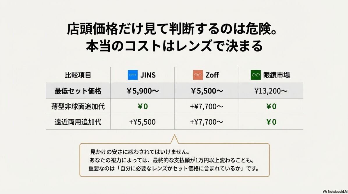 Jins　Zoff　眼鏡市場　比較　一番安いのはどこ？基本料金とレンズ代を比較