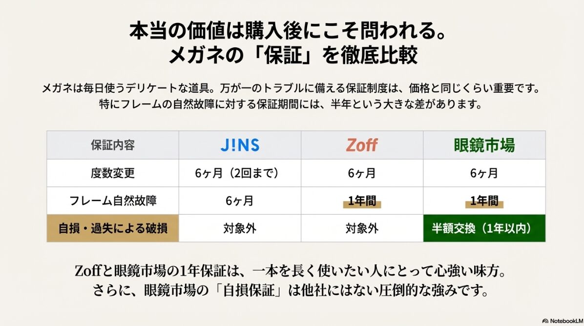 Jins Zoff　眼鏡市場　比較　保証期間を比較！自損や度数変更への対応力
