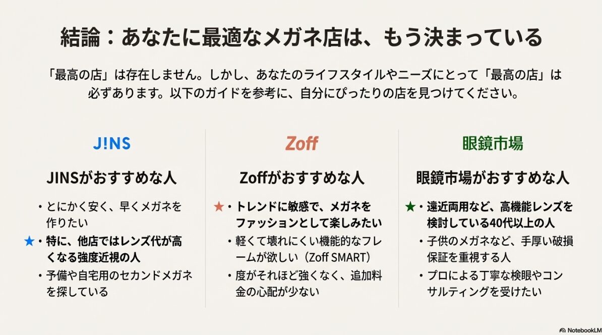 Jins Zoff　眼鏡市場　比較　結局どっちがいい？ライフスタイル別の選び方