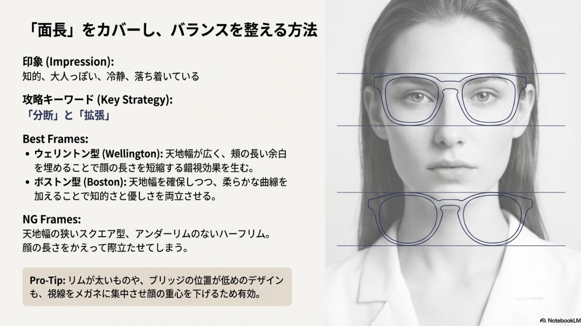 メガネ　顔の形　面長をカバーするメガネの選び方