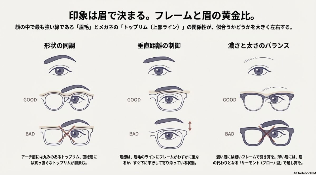 メガネ　顔の形　眉毛とフレームの相性を整える技術