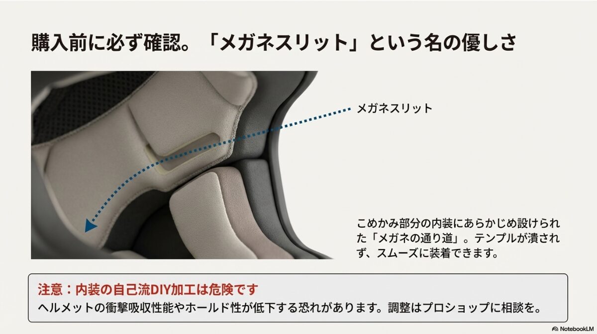 メガネ ヘルメット　内装のメガネスリット加工