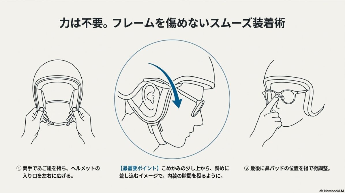 メガネ ヘルメット　スムーズなかけ方のコツ