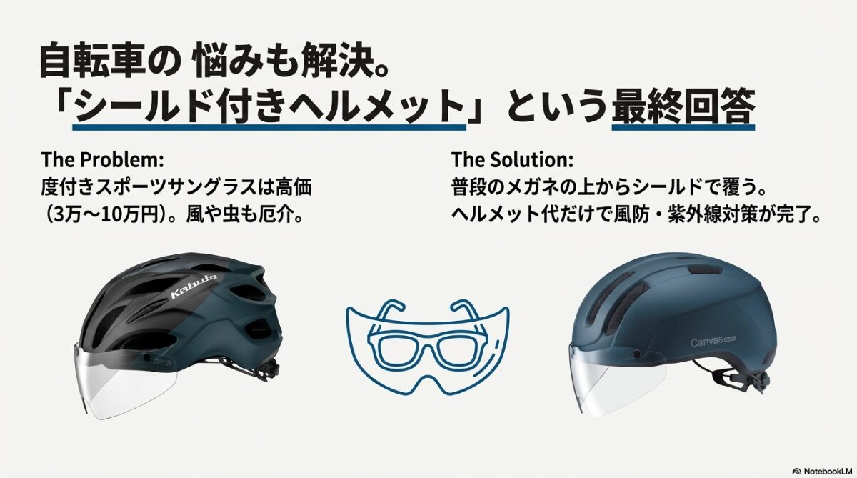 メガネ ヘルメット　ロードバイクはシールド付き