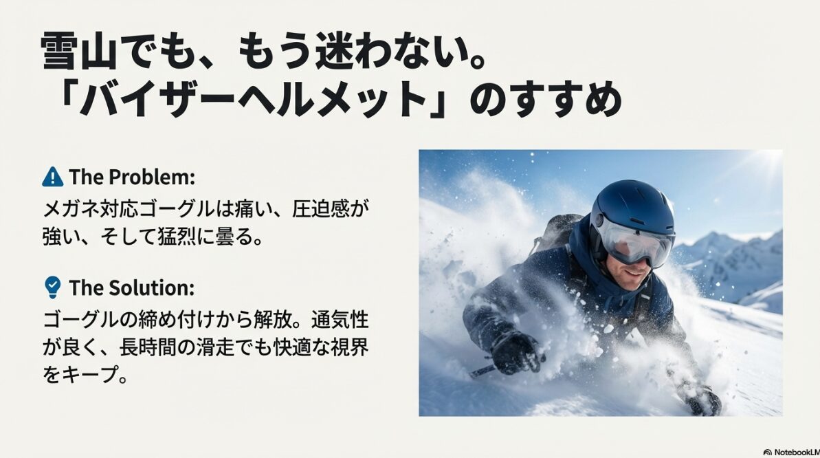 メガネ ヘルメット　スキー場でのバイザー活用