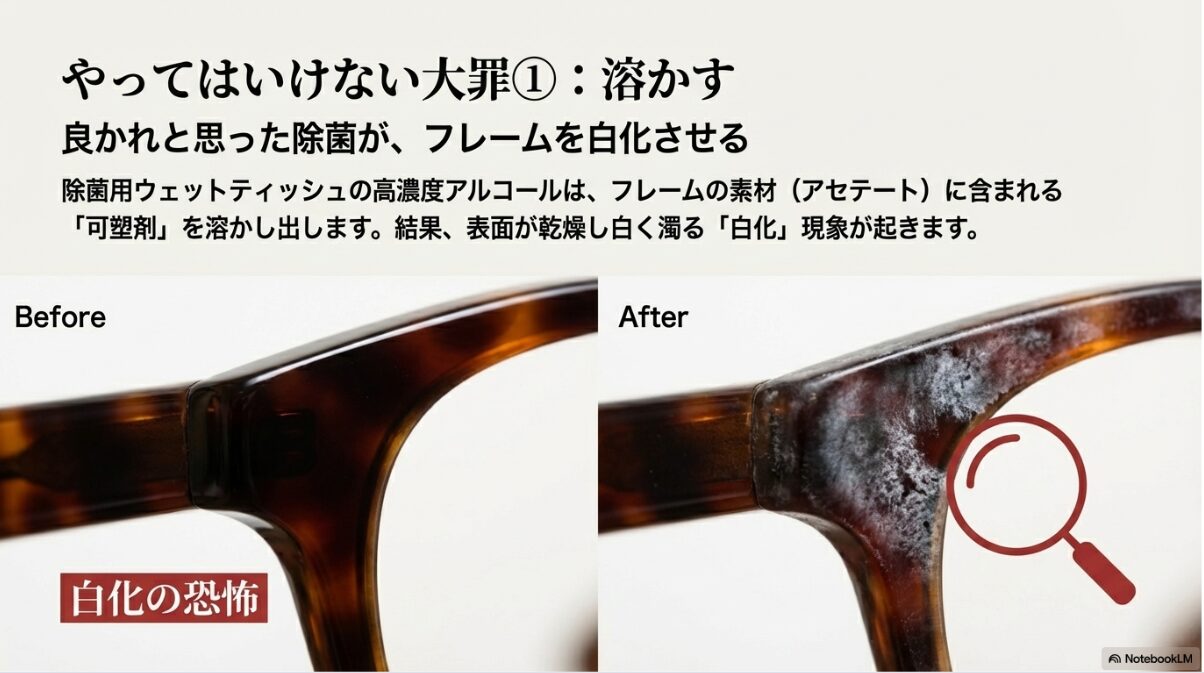 メガネ 汚れ　ウェットティッシュ　アルコール成分が招くフレームの白化