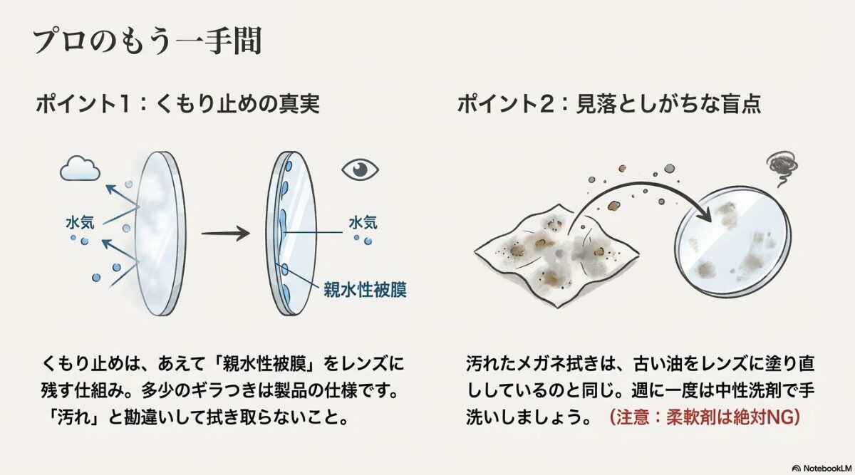 メガネ 汚れ　ウェットティッシュ　外出先では個包装の専用クリーナーを使う