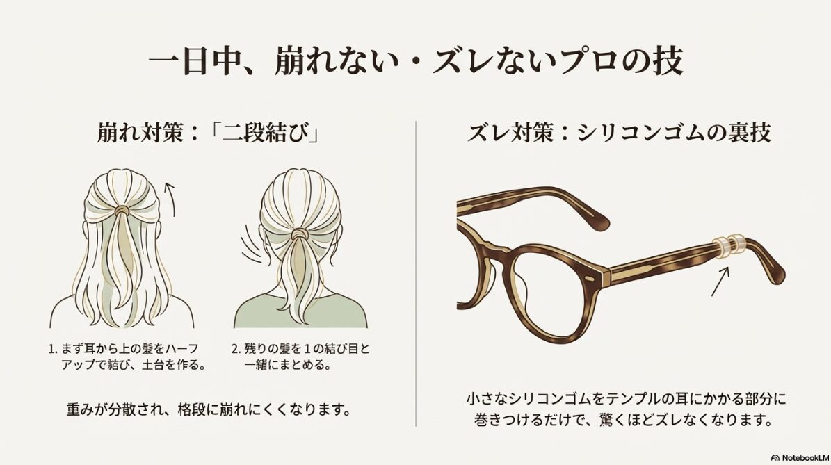 メガネ ポニーテール　仕事でも使える崩れない結び方