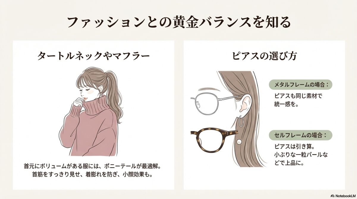 メガネ ポニーテール　マフラーや服に合うトータルコーデ