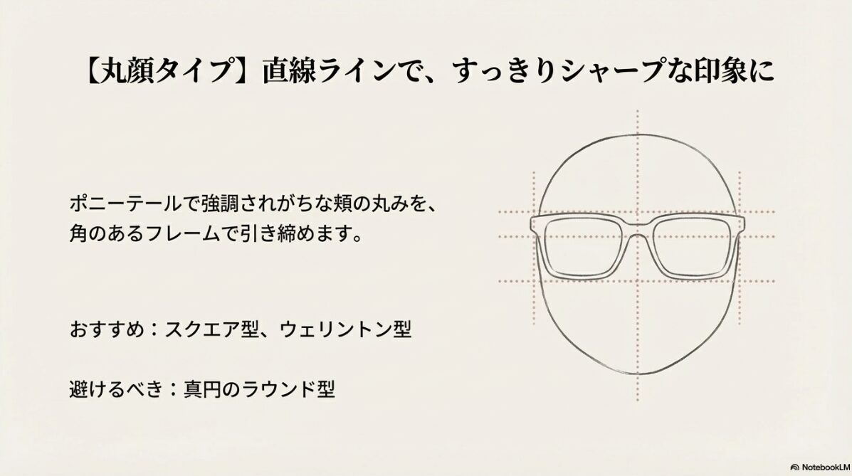 メガネ ポニーテール　丸顔タイプ：直線の力でシャープに見せる