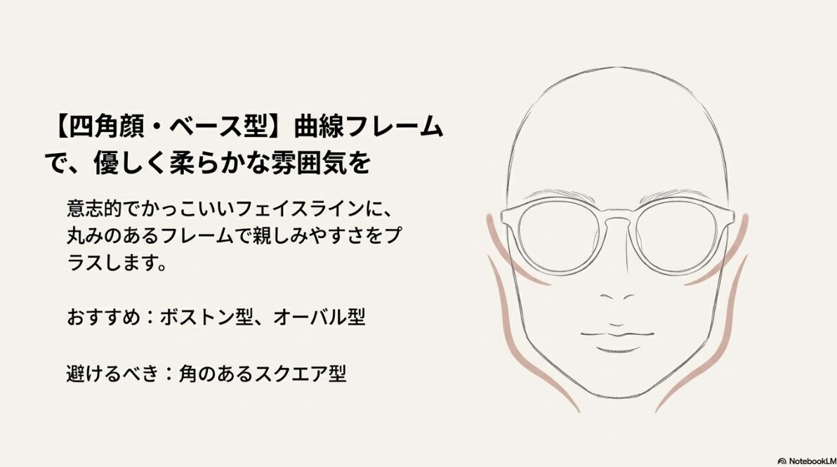 メガネ ポニーテール　四角顔・ベース型：曲線で優しさをプラス