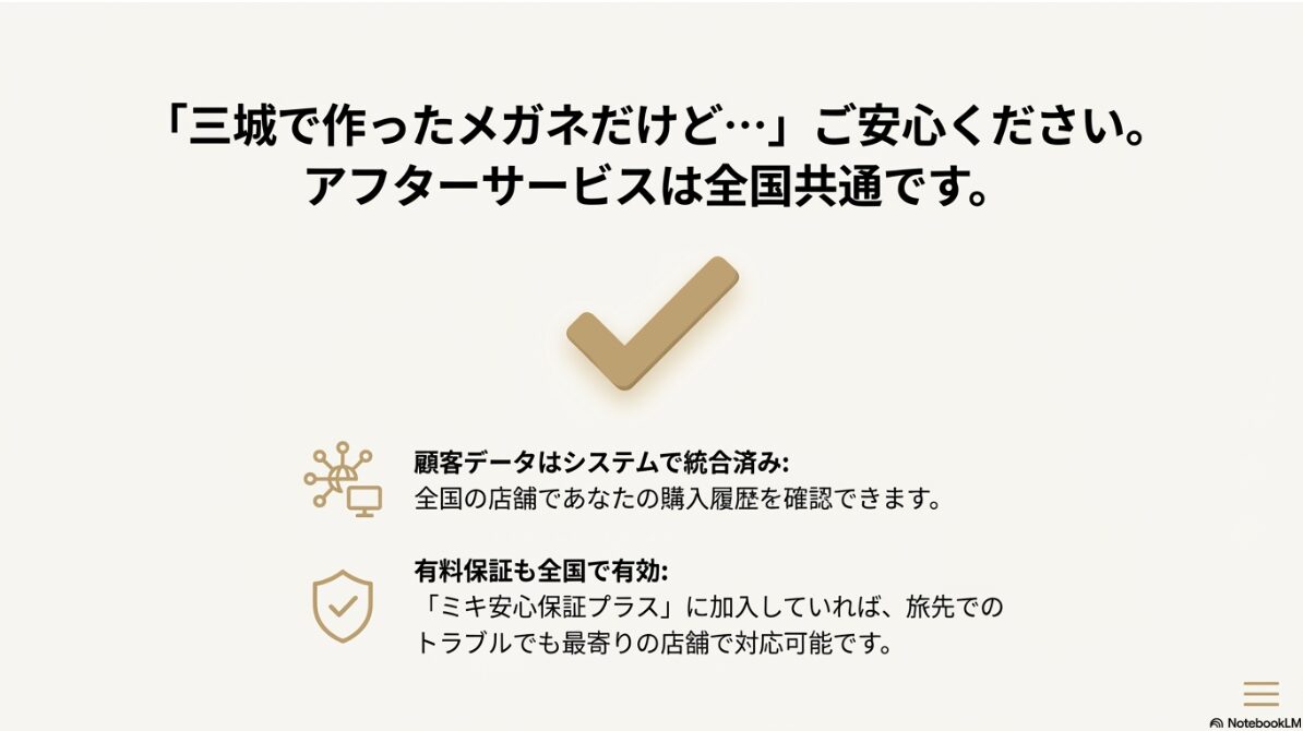 メガネの三城 パリミキ 違い　アフターサービスは全国共通で安心