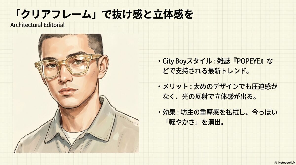 坊主 メガネ 怖い　おしゃれに見せる度なしレンズ活用