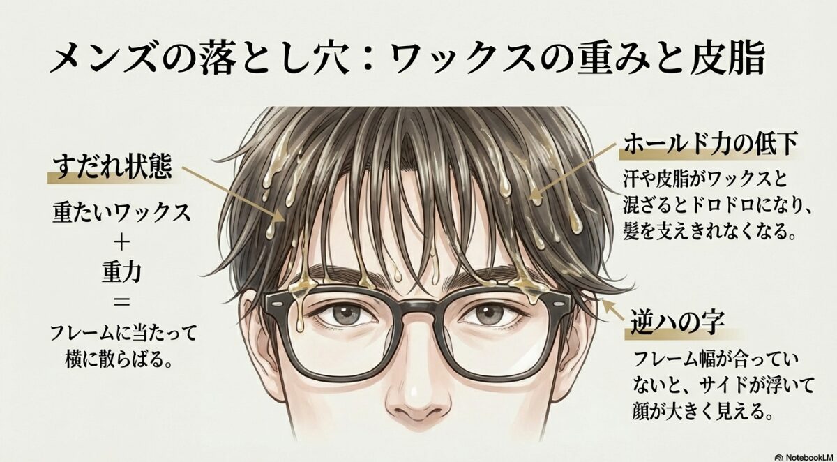 メガネ 前髪 曲がる　メンズのセットが崩れる原因