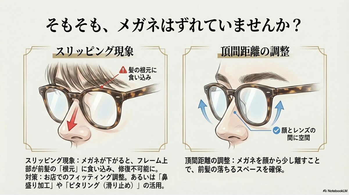 メガネ 前髪 曲がる　鼻パッドの跡がつく問題と対策