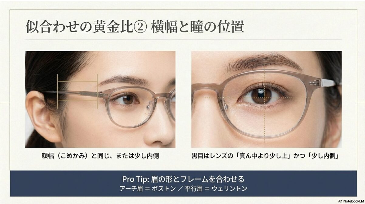 メガネ ヘアアレンジ 前髪なし　瞳孔の位置は「レンズの中心より少し上」