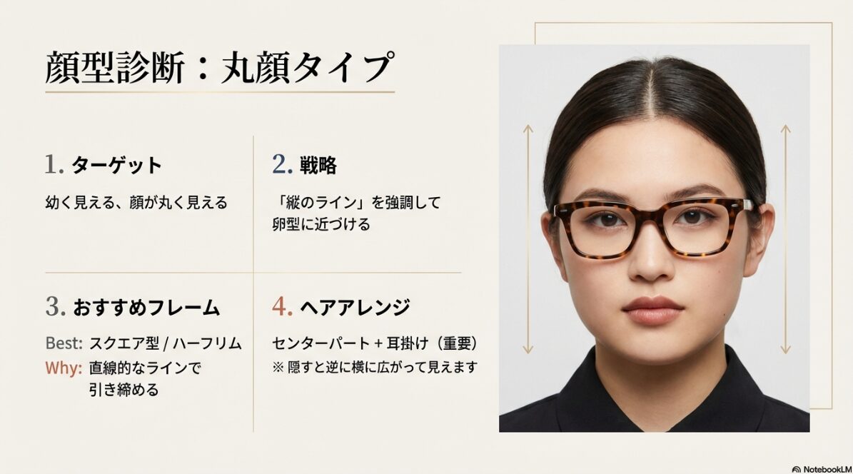 メガネ ヘアアレンジ 前髪なし　丸顔は縦ラインを意識したスタイル選び