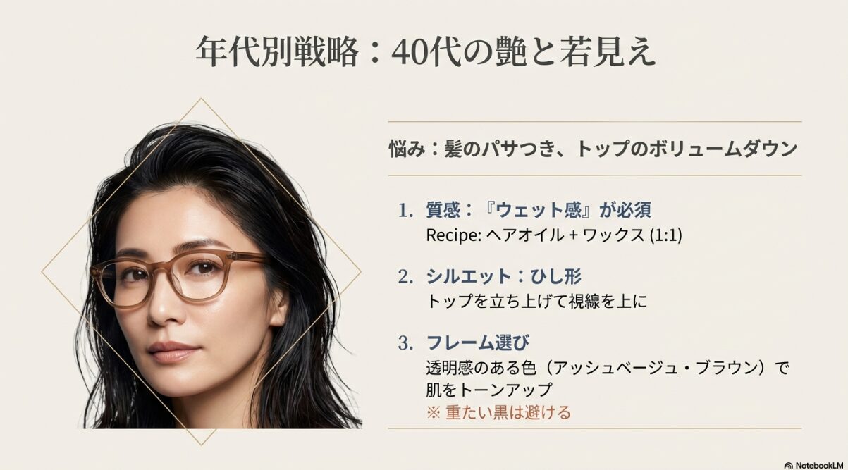 メガネ ヘアアレンジ 前髪なし　40代の若見えを実現する艶と質感作り