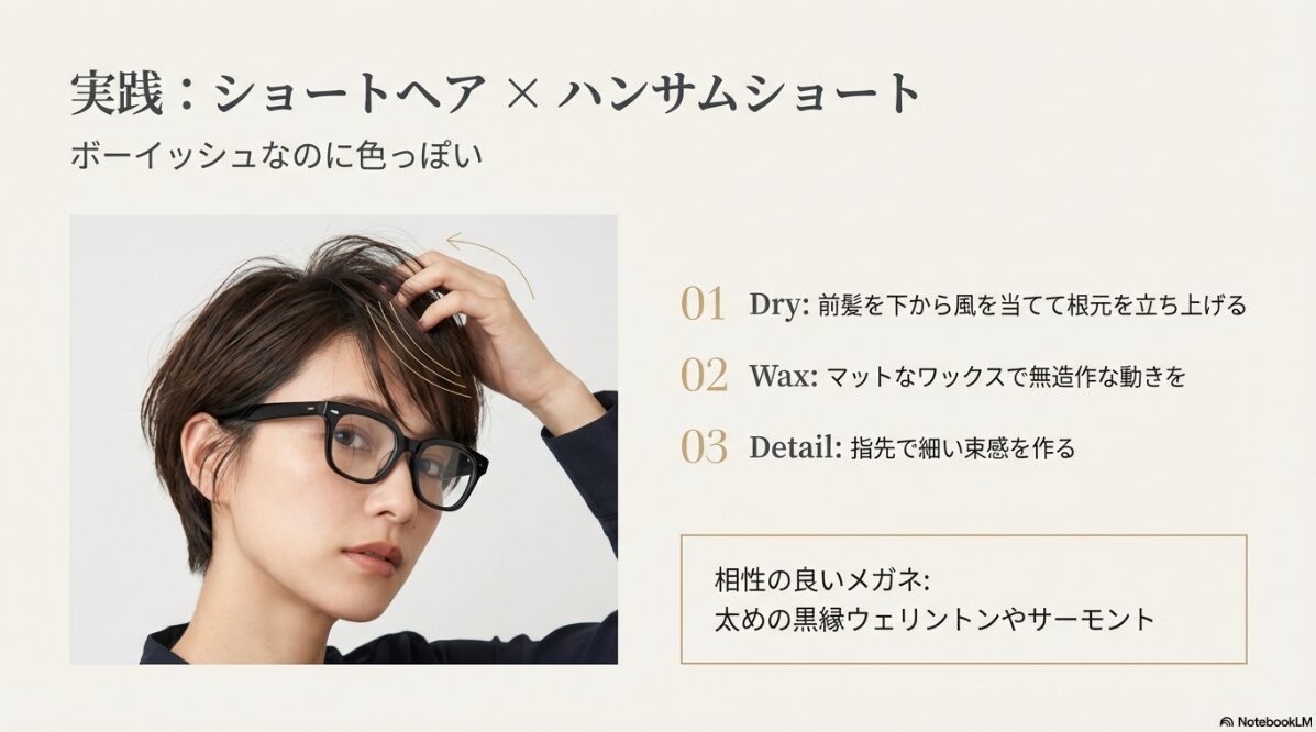 メガネ ヘアアレンジ 前髪なし　ショート×ハンサムな立ち上げスタイル