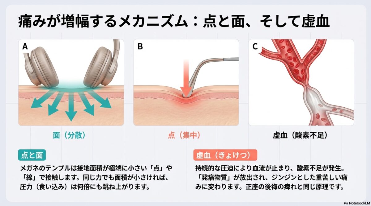 ヘッドホン メガネ 痛い 対策　「虚血」による酸素不足の痛み