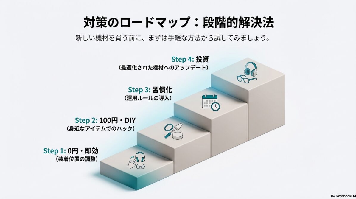 ヘッドホン メガネ 痛い 対策　痛くない装着位置の調整法