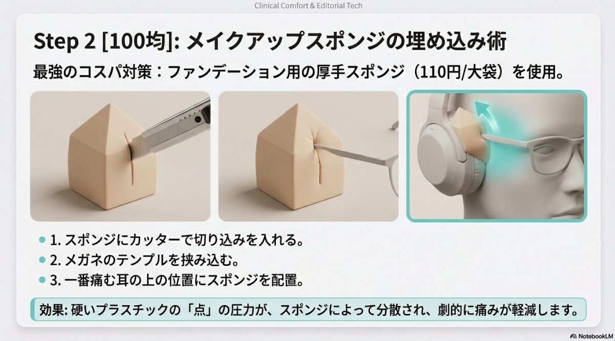 ヘッドホン メガネ 痛い 対策　メイクアップスポンジ（パフ）の埋め込み術