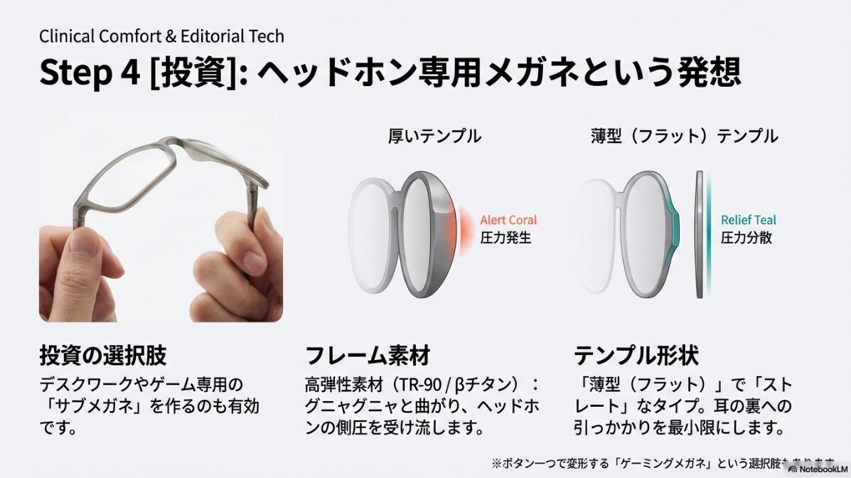 ヘッドホン メガネ 痛い 対策　テンプル形状：薄さと形にこだわる