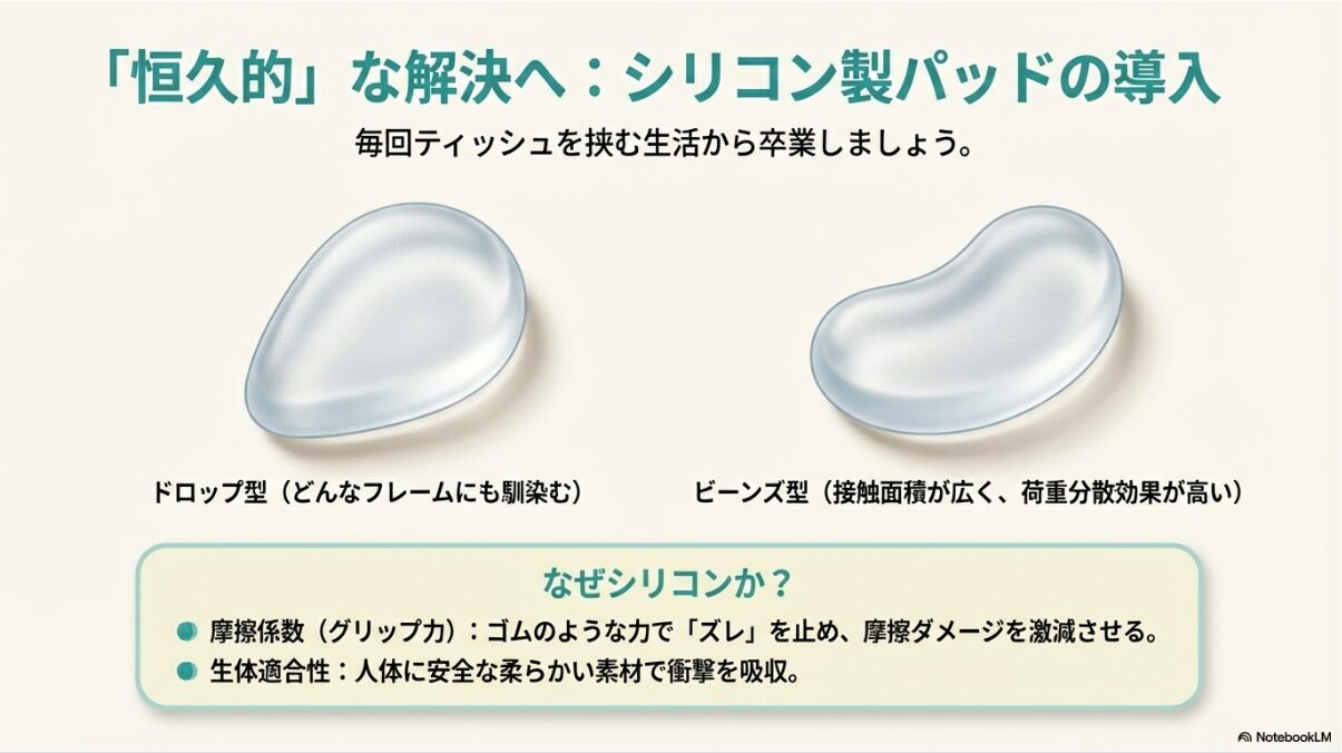 メガネ 鼻に跡がつかない方法 ティッシュ ズレを止めるグリップ力